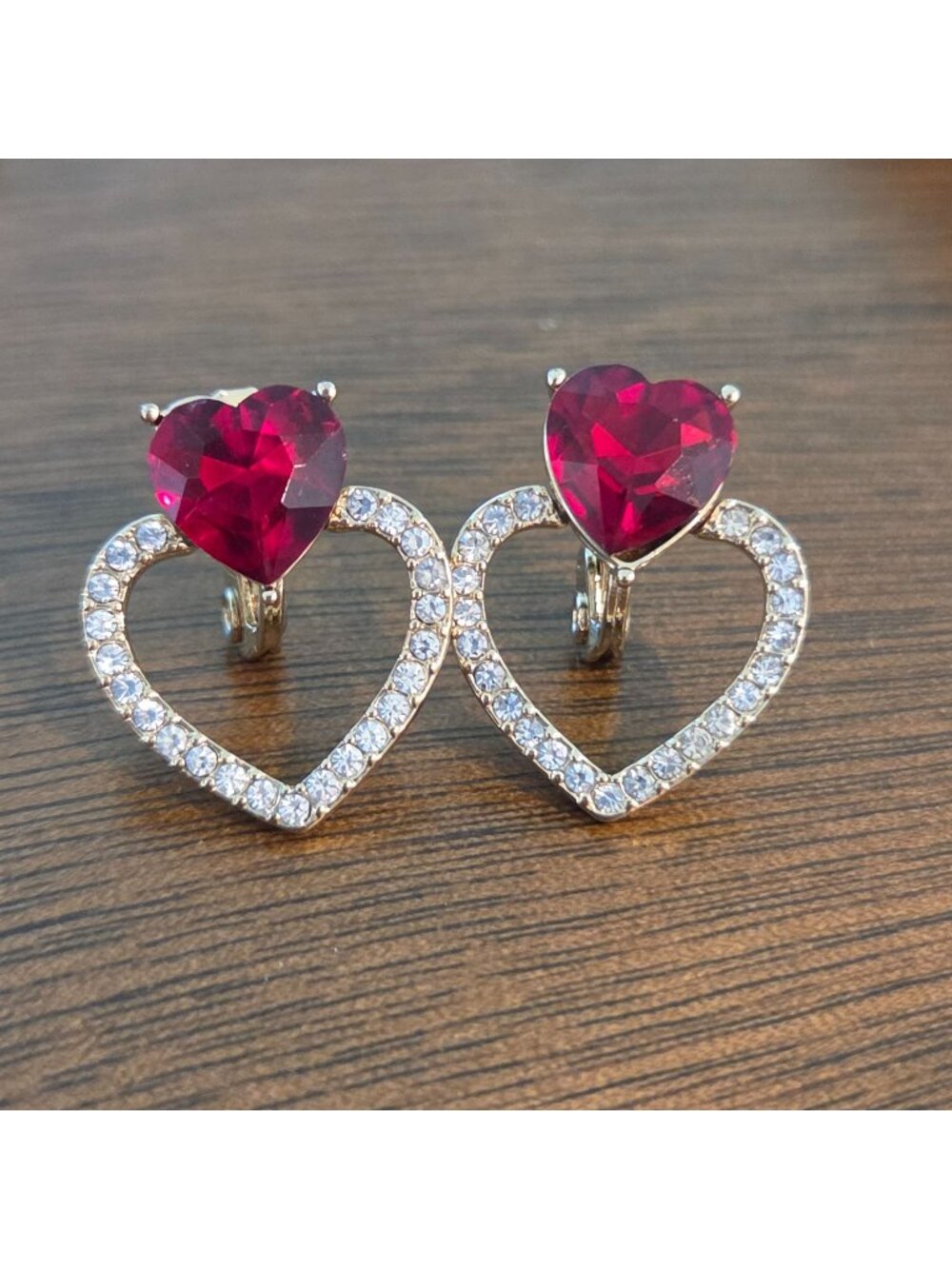 Napier Vintage Red Heart & Rhinestones Gold Tone EZ-Comfort Clip On Earrings